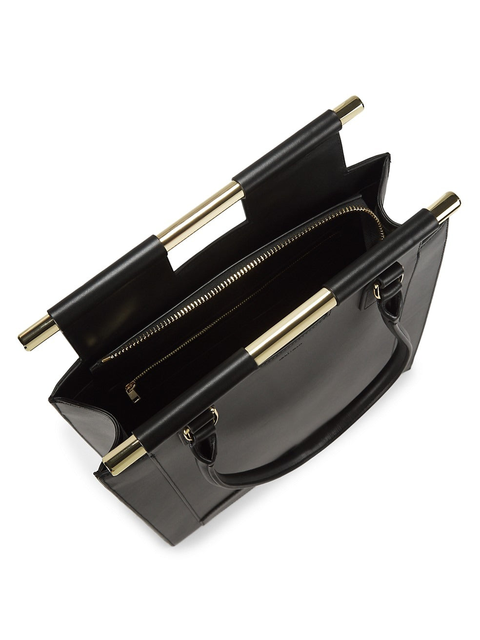 MAX+min Emory black leather tote bag, alternate front and side view.