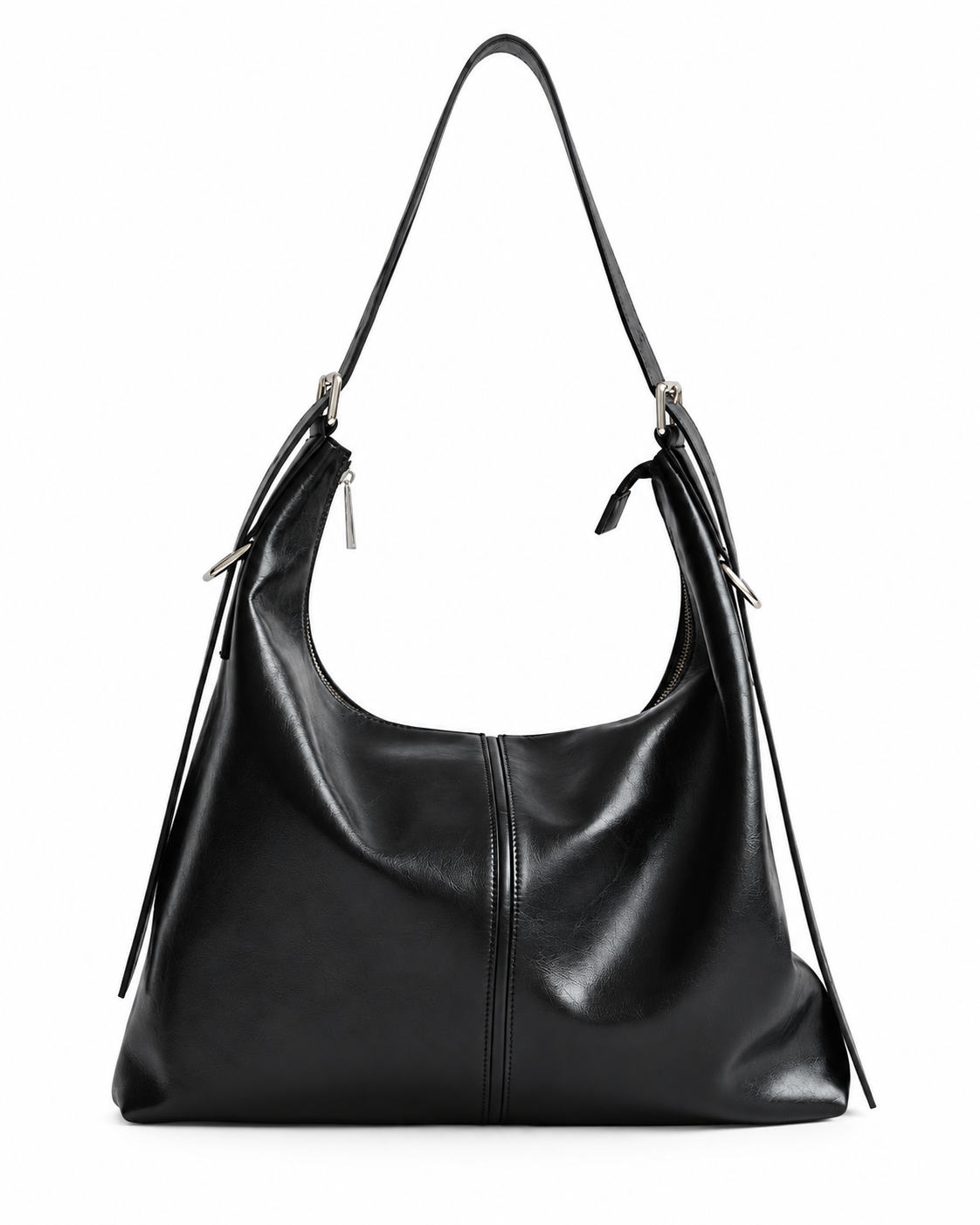 MAX+min Maximum Bag, black full-grain leather hobo work bag with adjustable shoulder strap and silver-tone hardware.