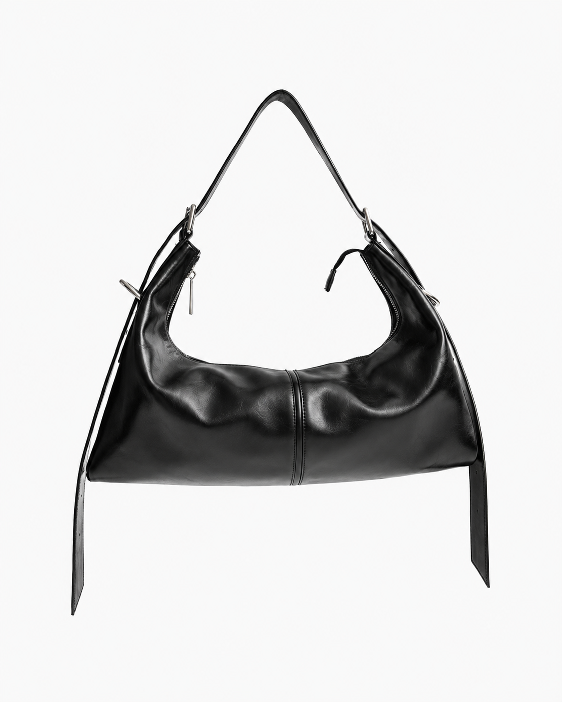 MAX+min Maximum Bag styled as a black leather shoulder bag with adjustable strap and silver-tone hardware.