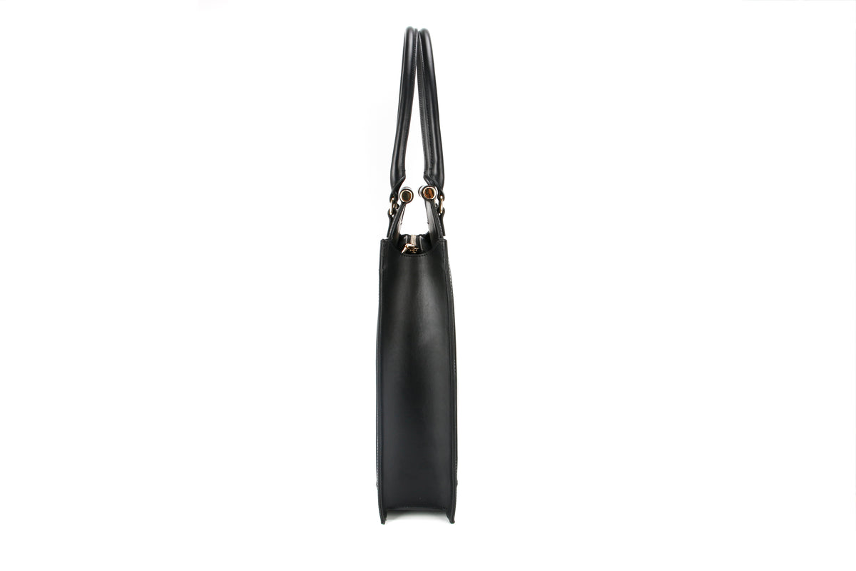 MAX+min Emory leather tote showing its structured black leather silhouette.